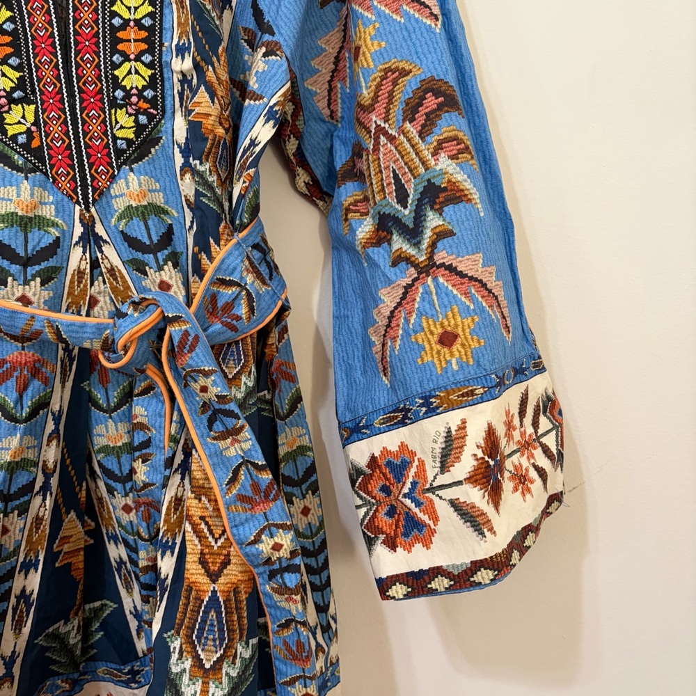 Farm Rio Embroidered Tapestry Organic Cotton Blue Boho Mini Dress with Belt - Picture 9 of 10